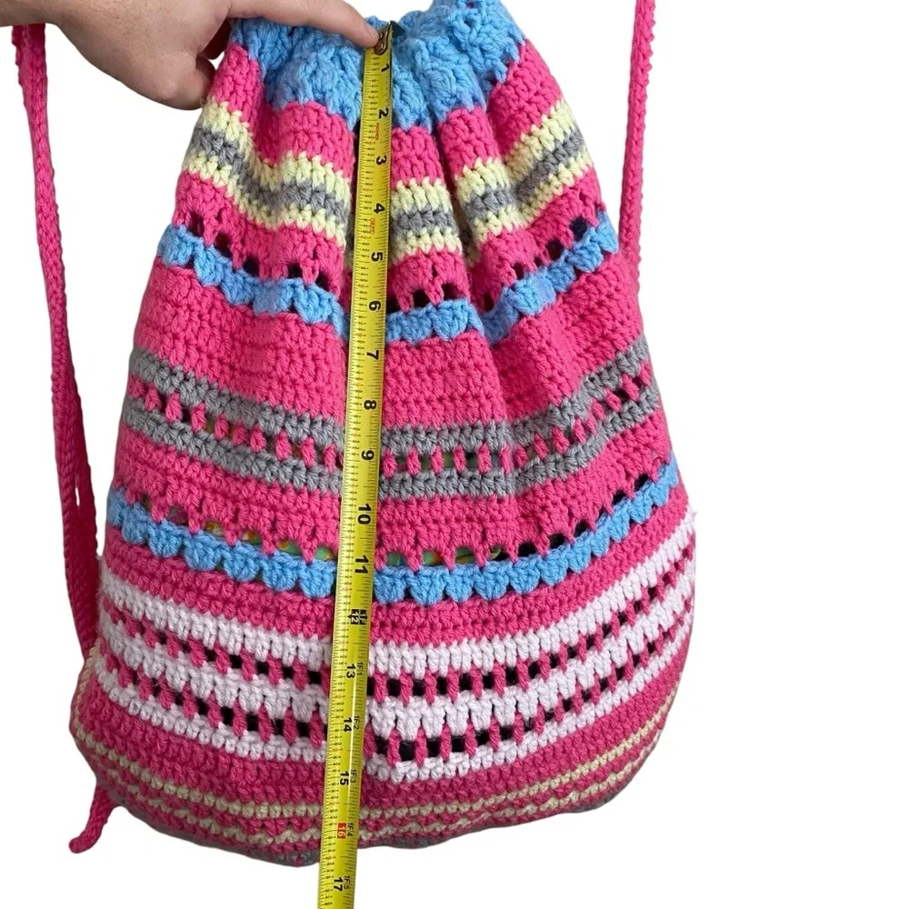 Handmade Boho Unique Crochet Colorful Striped Cinch‎ Sak Backpack Handbag